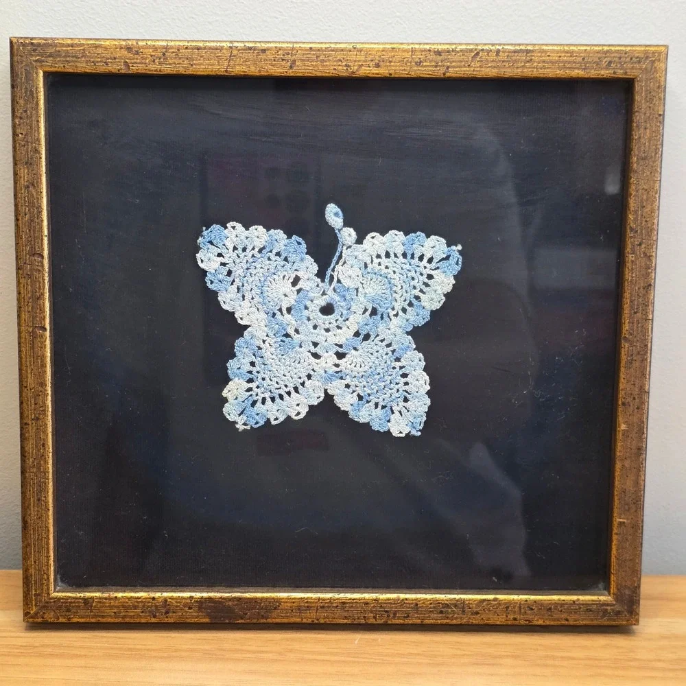 Vintage Handmade Framed Crocheted Butterfly Art‎ Blue Pink White Qty 2 1976